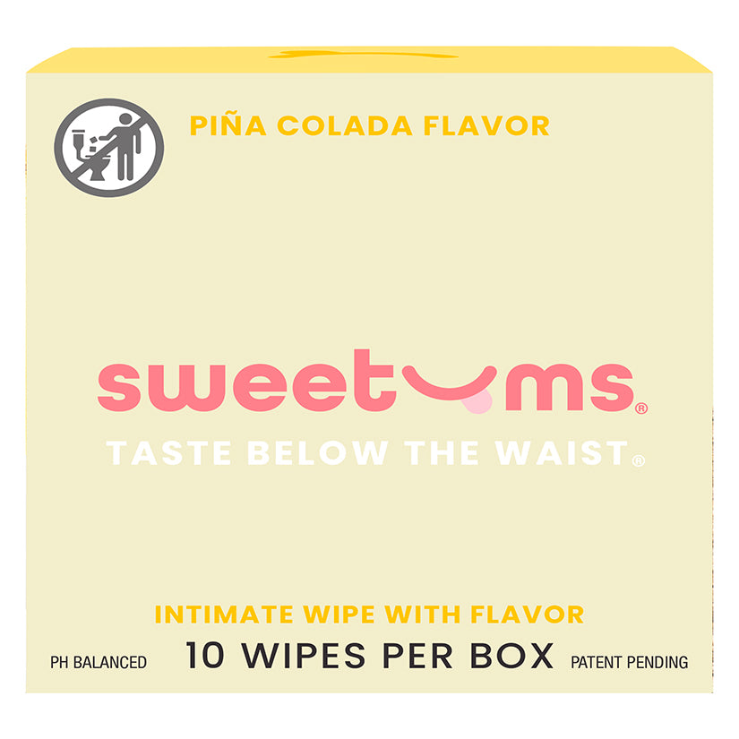 Sweetums Flavored Intimate Wipes Pina Colada packaging showing 10 wipes per box and tropical flavor design.