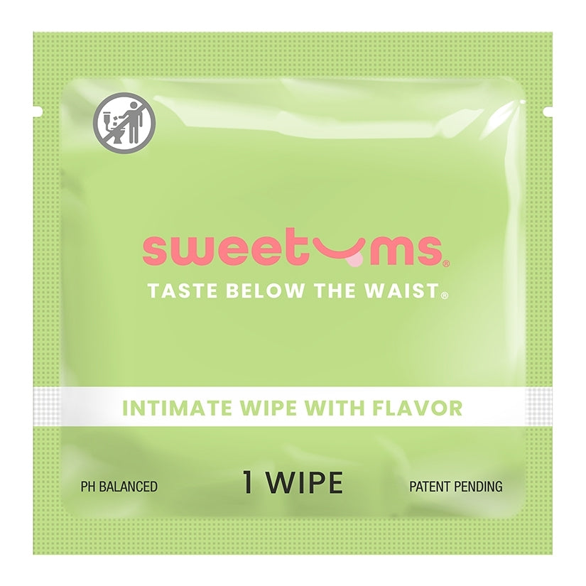 Sweetums Flavored Intimate Wipes Watermelon single wipe packaging with playful design and flavor details.