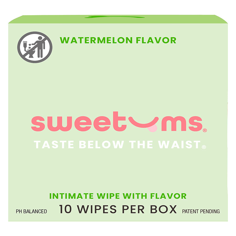 Sweetums Flavored Intimate Wipes Watermelon packaging with watermelon flavor information.