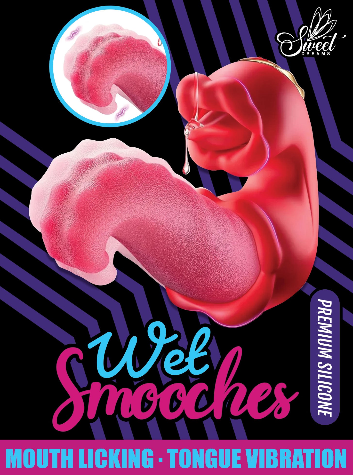 Wet Smooches Mouth Licking Tongue Vibrator showcasing premium silicone and unique design for stimulation.