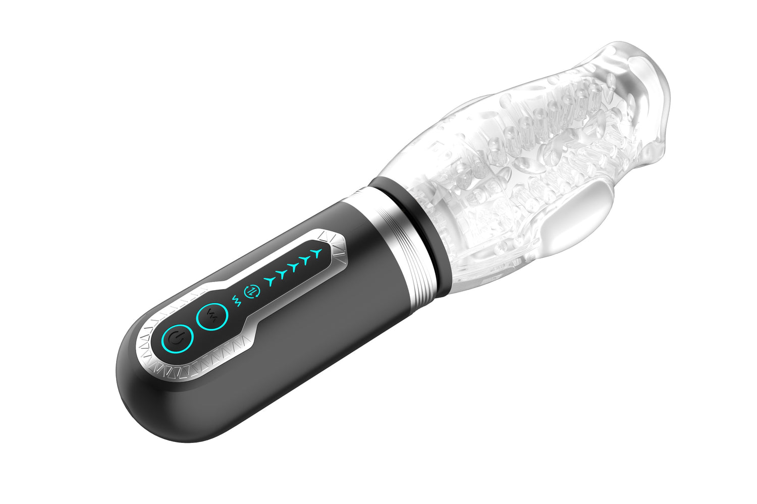 Thrusting Rotating Vibrating Male Stroker showcasing its transparent sleeve and control features for customizable stimulation.