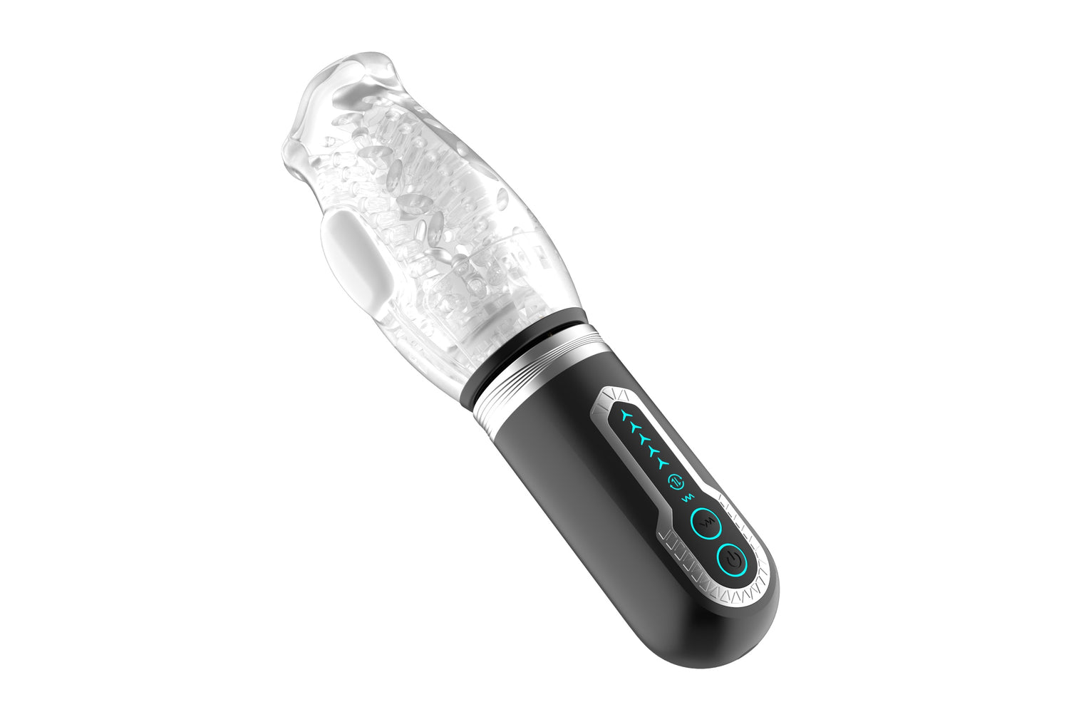 Thrusting Rotating Vibrating Male Stroker with transparent sleeve and control buttons for customizable stimulation