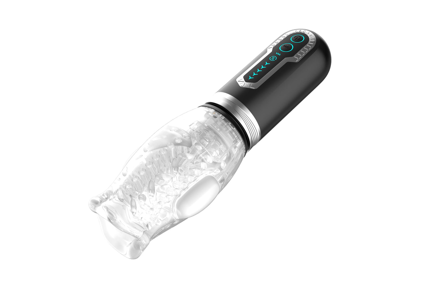 Thrusting Rotating Vibrating Male Stroker showcasing a sleek black design with transparent sleeve and control panel.