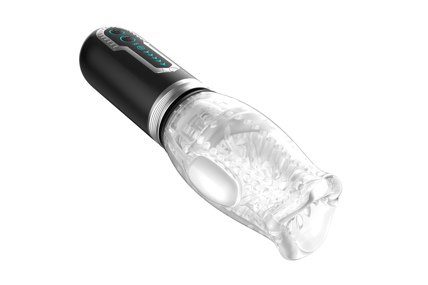 Thrusting Rotating Vibrating Male Stroker showing its transparent removable sleeve and control settings.