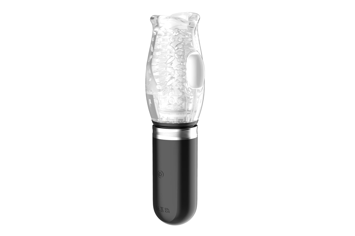 Thrusting Rotating Vibrating Male Stroker features a transparent sleeve and advanced multi-motion stimulation.