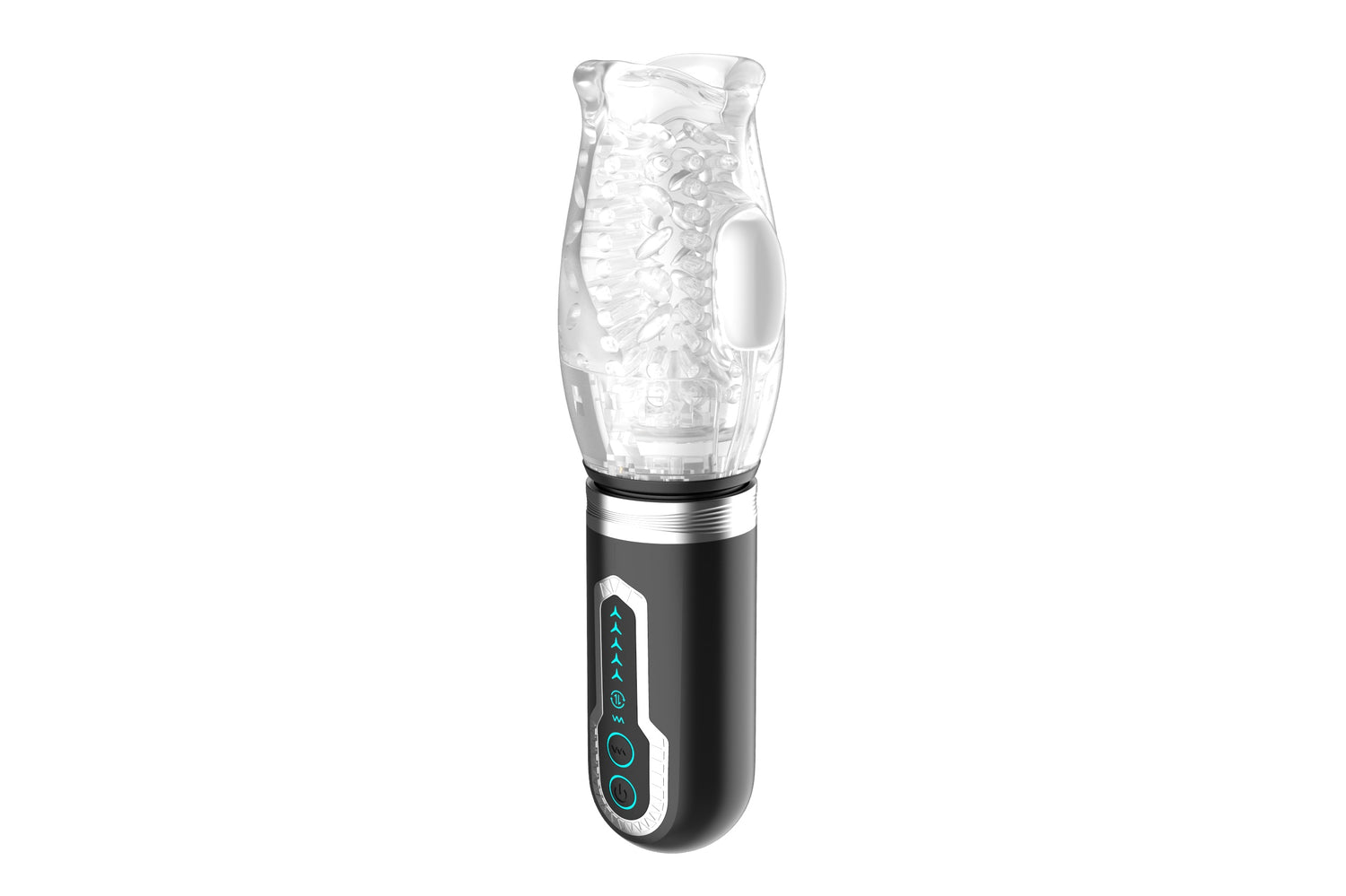 Thrusting Rotating Vibrating Male Stroker featuring a transparent removable sleeve and advanced controls.