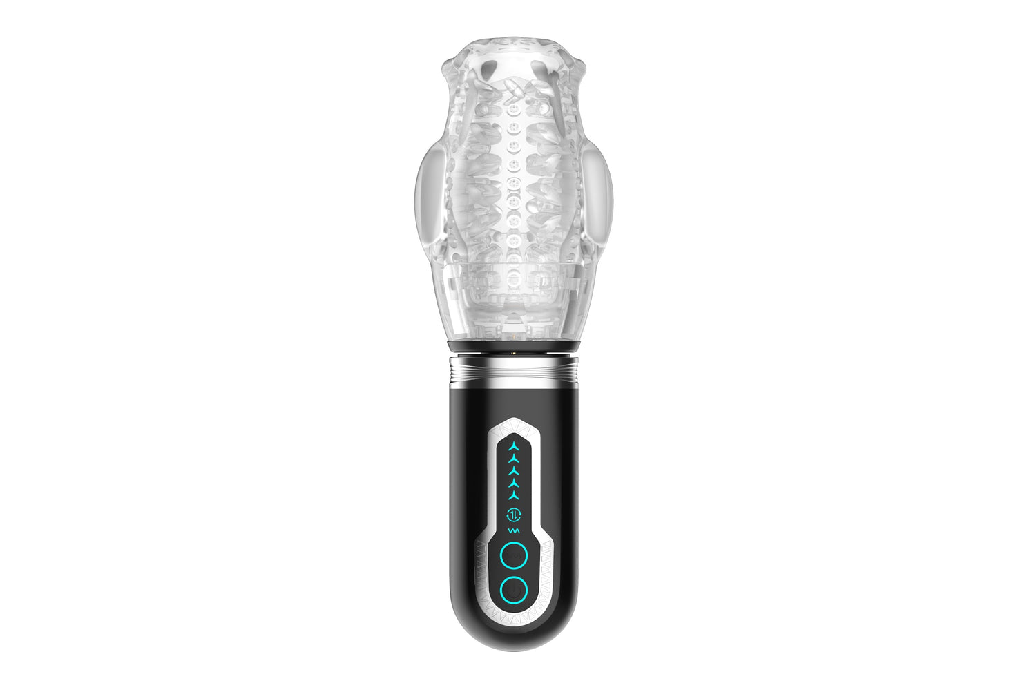Thrusting Rotating Vibrating Male Stroker featuring transparent sleeve and user-friendly controls.