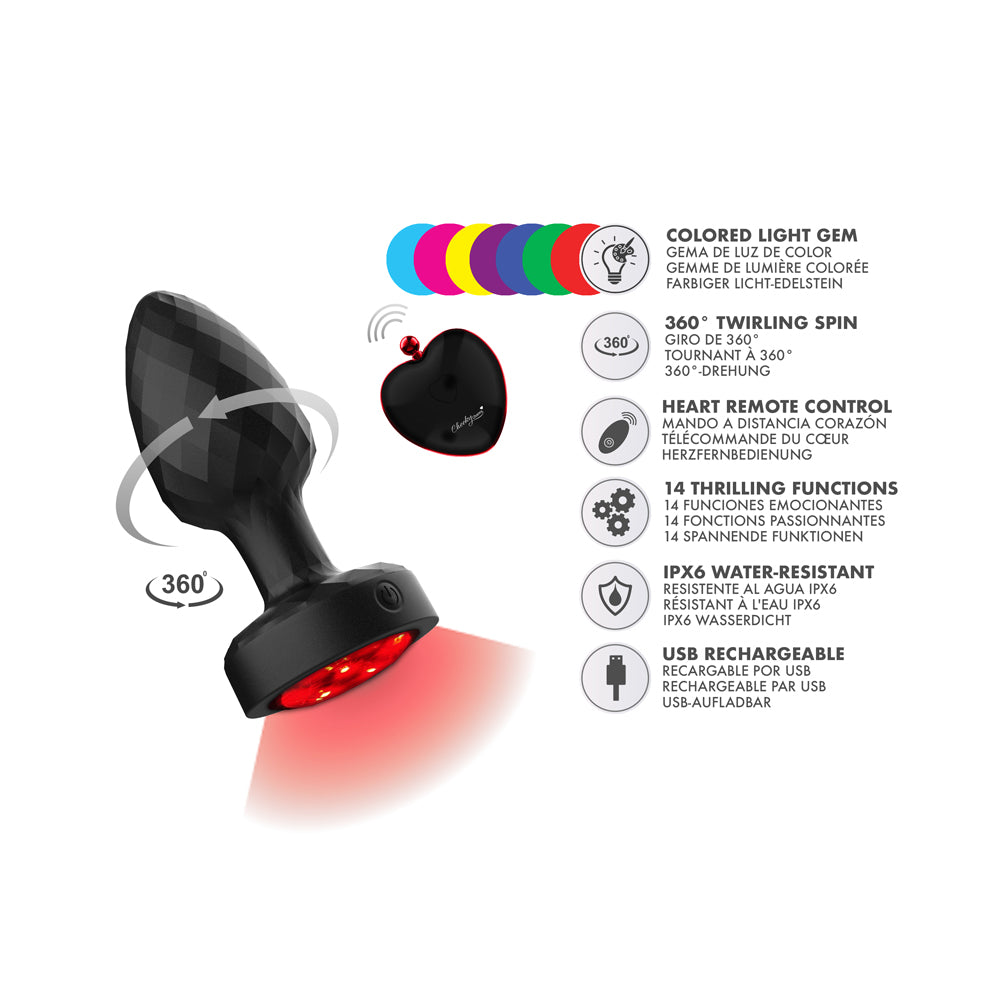 Viben Twila Light Up Rotating Vibrating Anal Plug showcasing features like 360-degree rotation, heart remote control, and colored light gem.