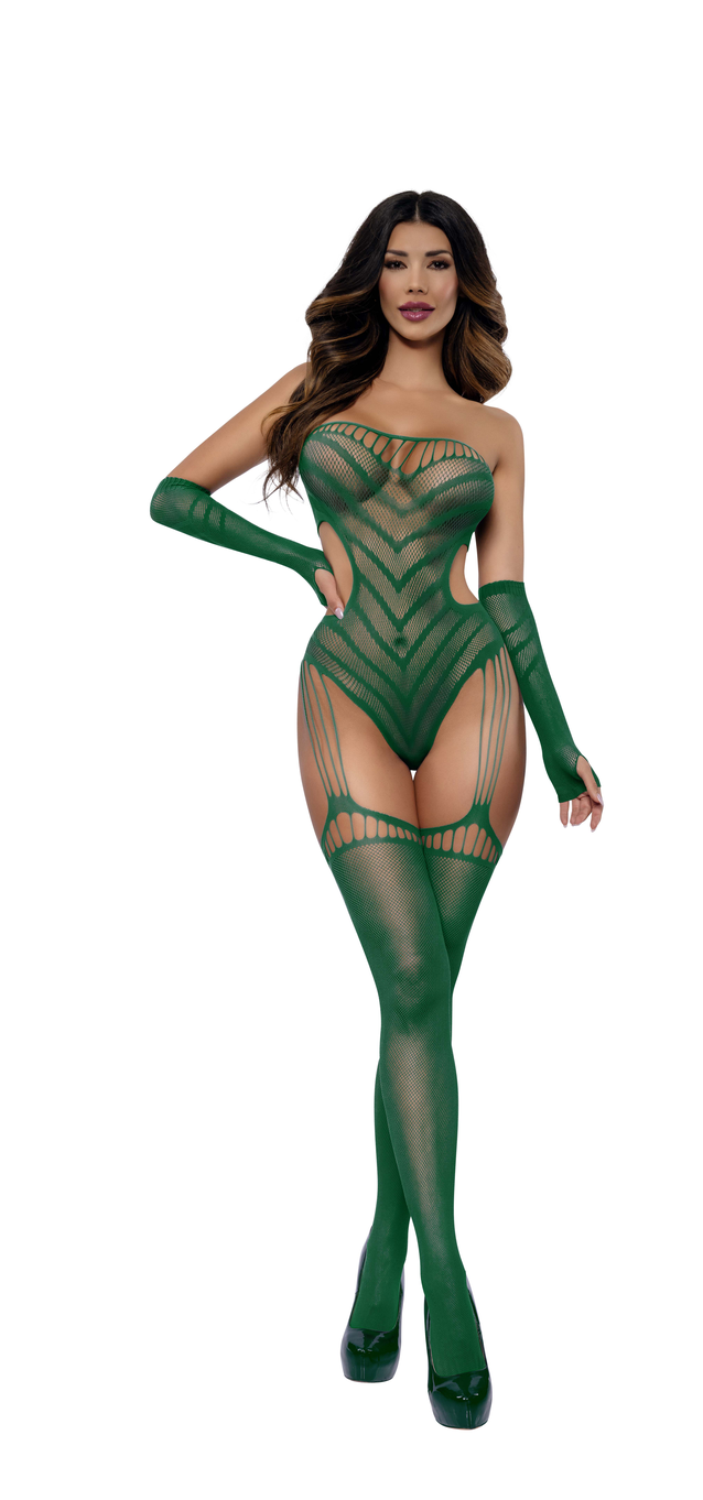 Dreamgirl Chevron Garter Teddy With Gloves Emerald One Size on model showcasing bold green fishnet design.