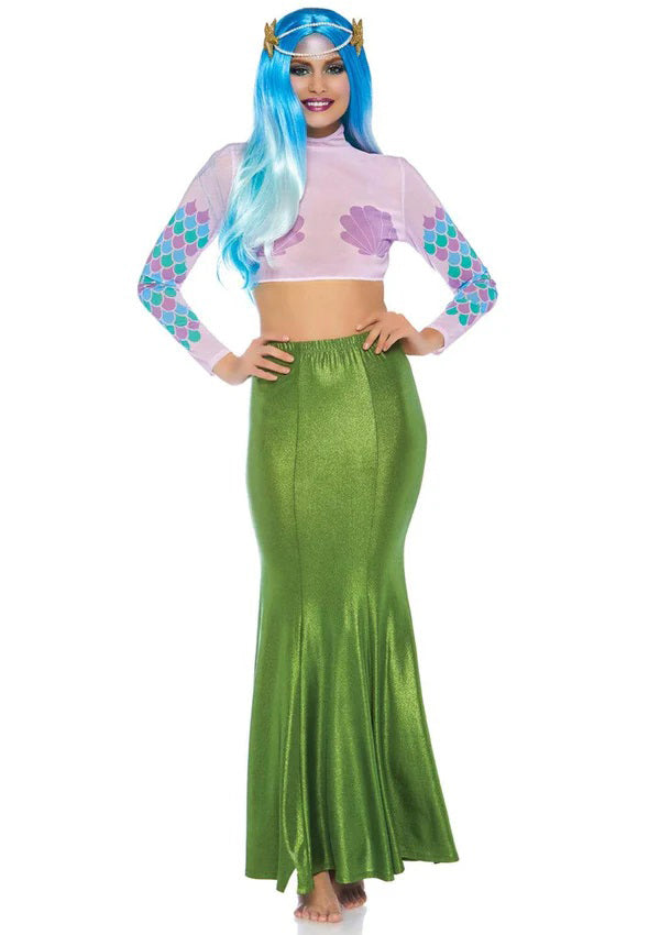 Shimmer Spandex Mermaid Maxi Skirt Small-Medium Green worn by a model with a flared silhouette and shimmering fabric.