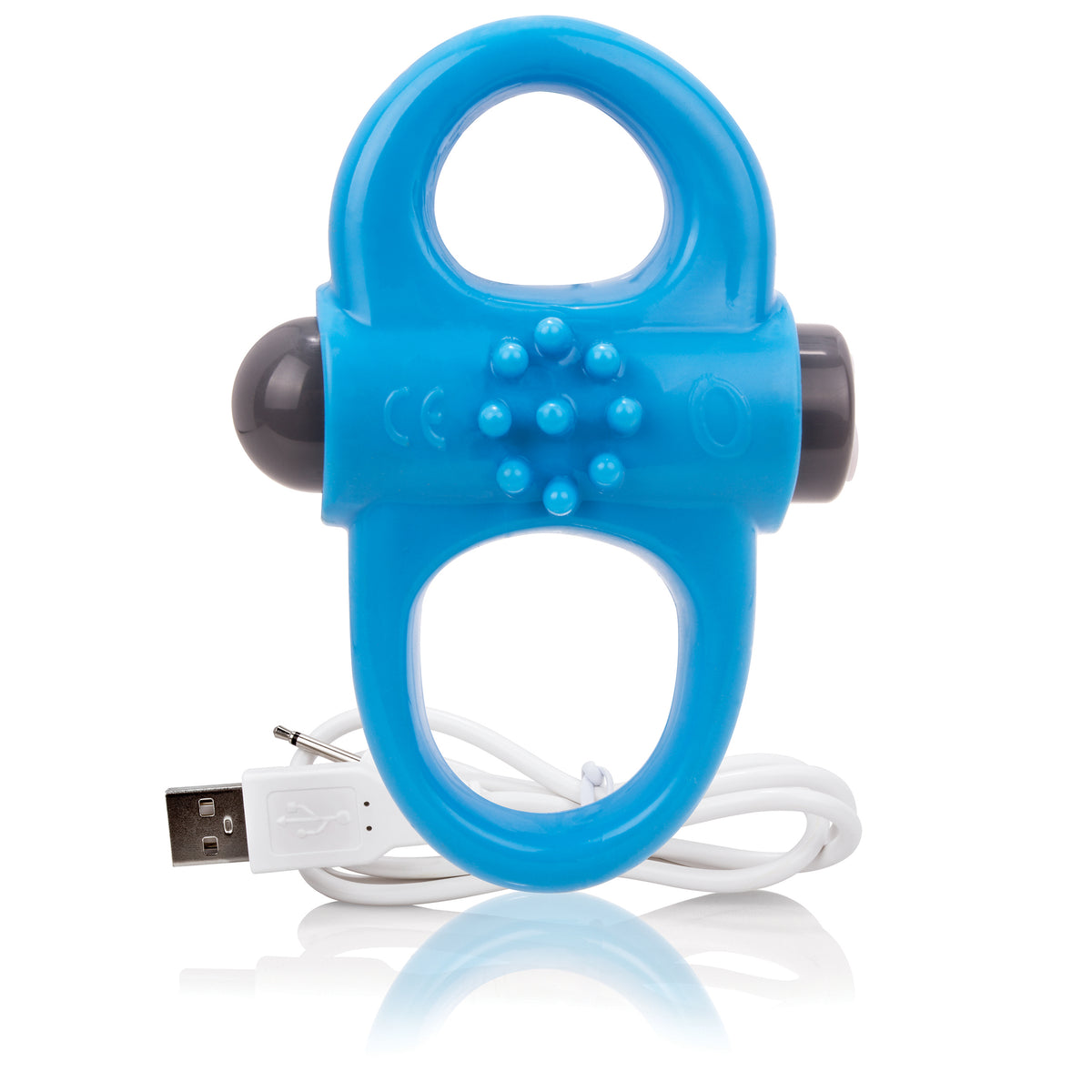 Screaming O Charged Yoga Rechargeable Vibe Ring Blue with USB charge cable for versatile partnered play.