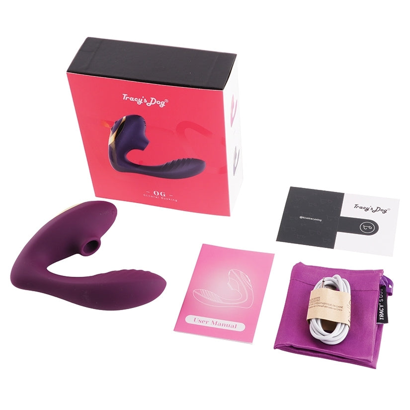 Tracy's Dog OG Clitoral Sucking Vibrator Purple with packaging and accessories displayed.