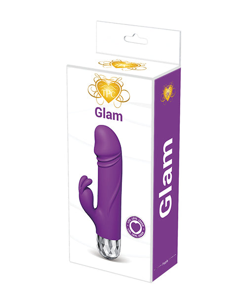 Glam Rabbit Bullet Vibrator Purple packaging featuring rabbit-style design and rechargeable features.
