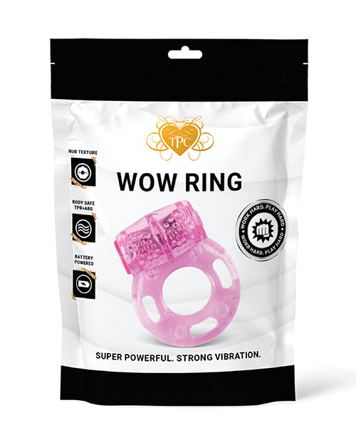 Wow Ring Vibrating Cock Ring Pink package showcasing its powerful vibration and nub texture for enhanced pleasure.