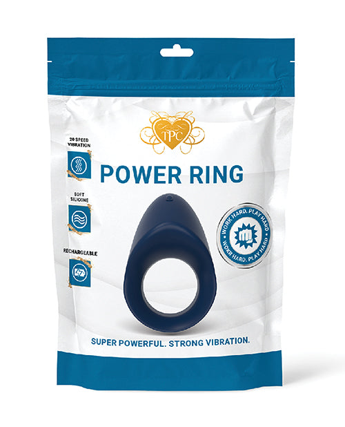 Power Ring Vibrating Cock Ring Blue packaging showing smooth silicone and features like rechargeable and 20-speed vibration.