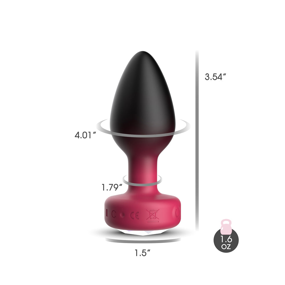 Eluxe Vibrating Ruby Ombre Anal Plug Medium Remote with size dimensions and specifications.