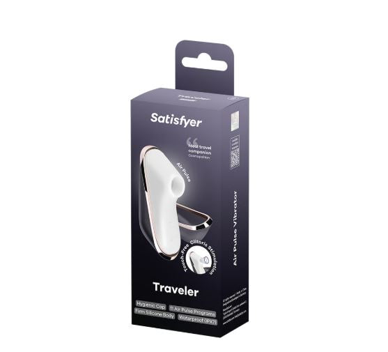 Satisfyer Traveler Air Pulse Clitoral Vibrator Black packaging design with features highlighted.