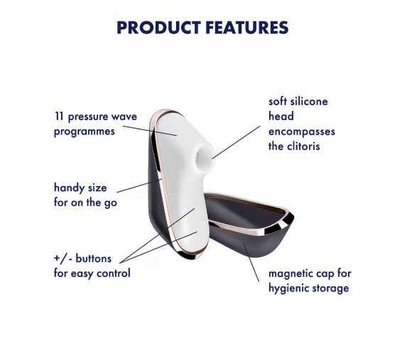 Satisfyer Traveler Air Pulse Clitoral Vibrator Black with features such as soft silicone head and 11 pressure wave programmes.