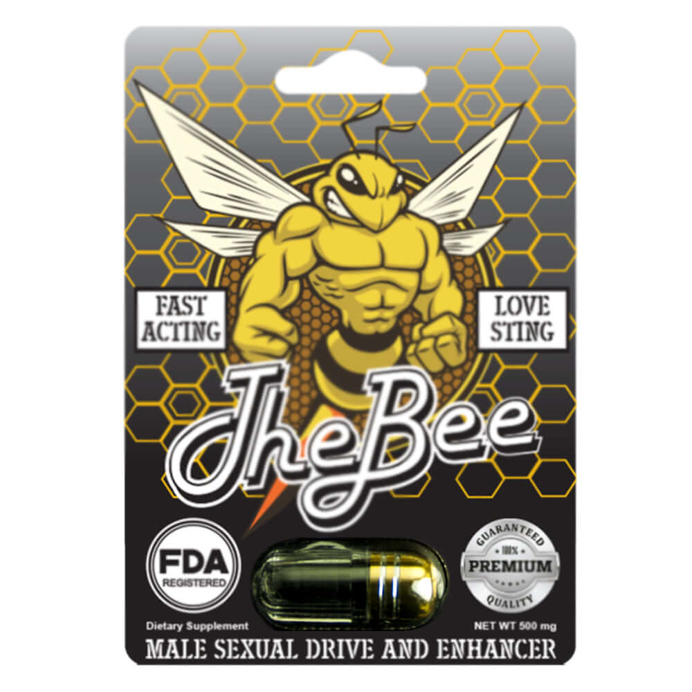 The Bee Male Herbal Supplement 500 mg packaging for fast-acting male performance enhancement registered with FDA.