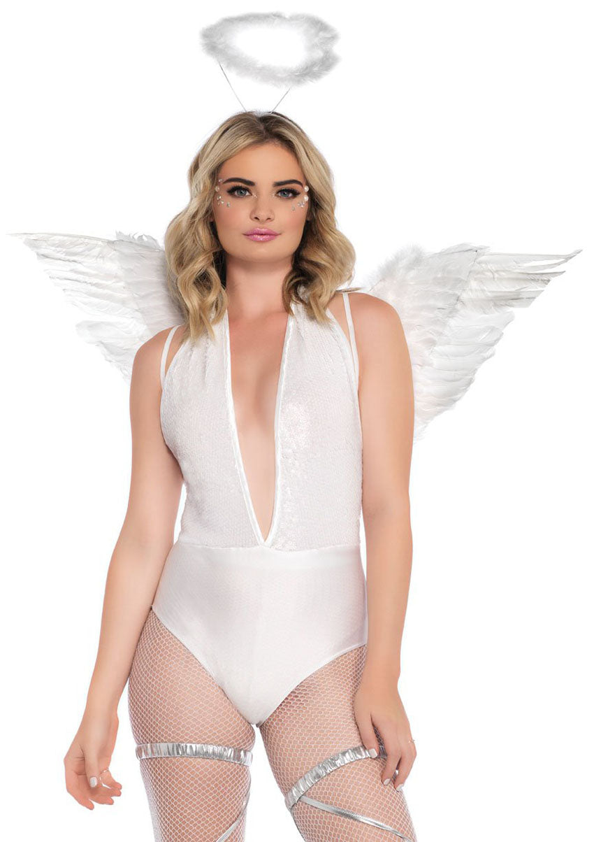 Model wearing Leg Avenue 2 Piece Angel Accessory Kit White with feather wings and halo for Halloween.