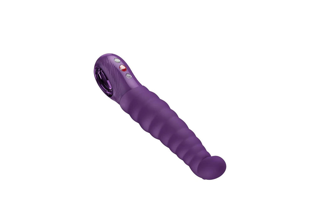 Fun Factory Patchy Paul G-Spot Vibrator Dark Violet displayed on a white background, showing its curved tip and ribbed texture.