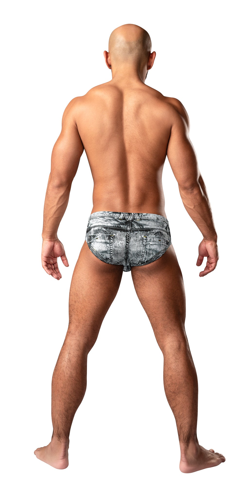 Male Power Dirty Denim Bikini Brief Medium Denim worn by a male model showing rear view and denim pattern.