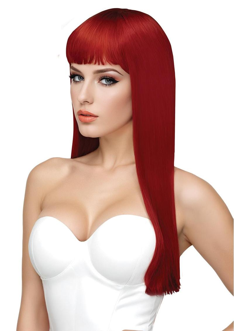 Scarlett Premium Stylable Wig Red worn by a model with smooth, shiny red hair and a stylish fringe.