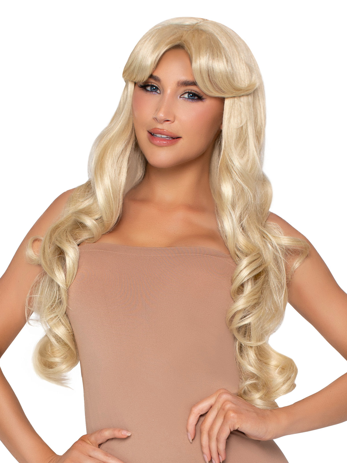 Leg Avenue 25 Inch Curtain Bang Wavy Wig Blonde with long, soft waves and curtain bangs, perfect for any costume or themed party.