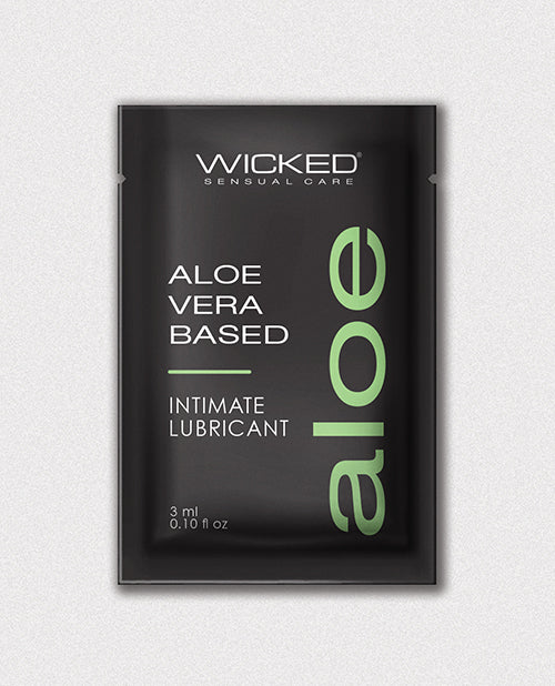 Wicked Sensual Care Aloe Vera Based Intimate Lubricant sachet packaging, featuring 3 ml of moisturizing gel.