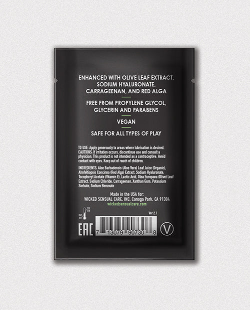 Wicked Sensual Care Aloe Vera Based Intimate Lubricant ingredients and usage information on packaging.