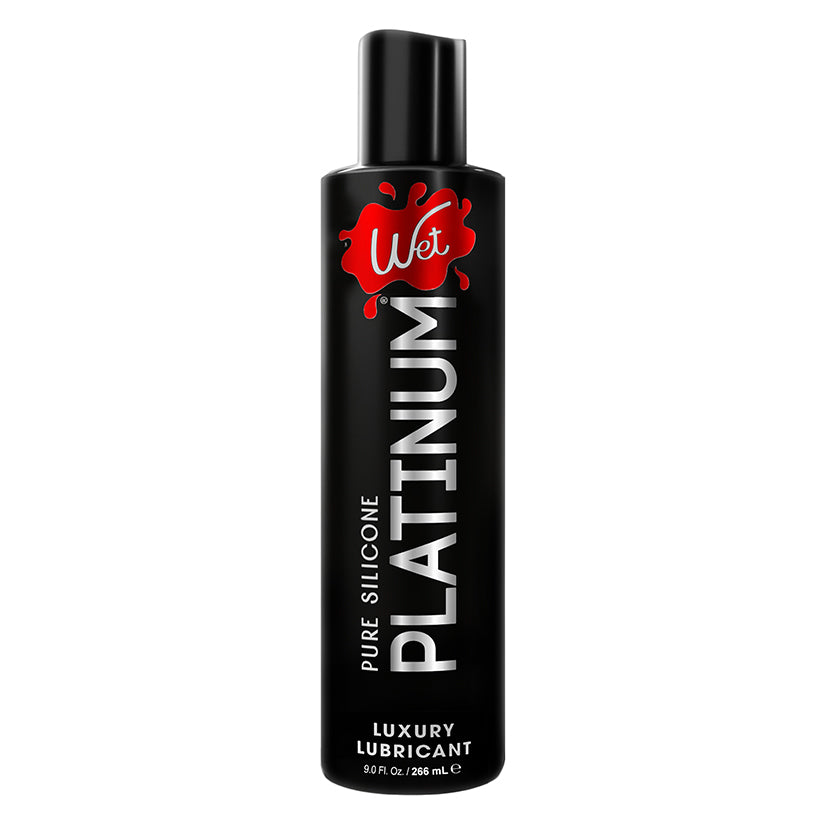 Wet Platinum Pure Silicone Lubricant 9 Oz bottle showcasing luxurious silicone formula.