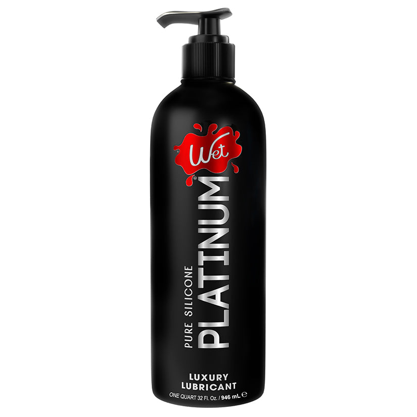 Wet Platinum Luxury Silicone Lubricant 32 Oz bottle showcasing premium silicone lubricant for smooth glide and comfort.