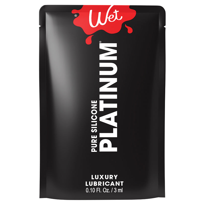 Wet Platinum Luxury Pure Silicone Based Lubricant 0.1 Oz packaging with sleek black design and red logo