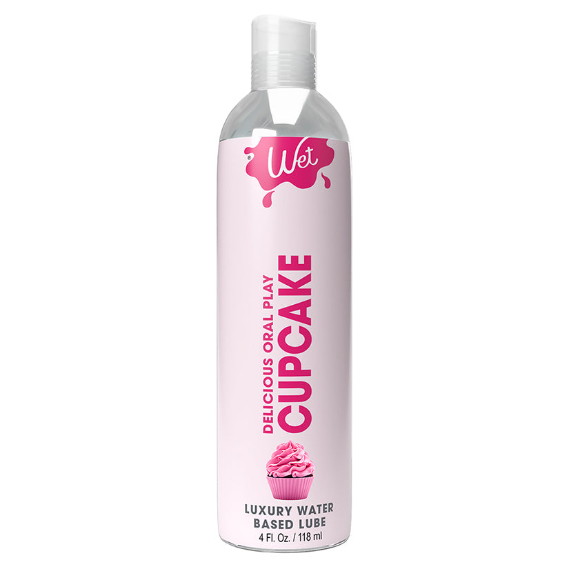 Wet Delicious Oral Play Cupcake Water-based Flavored Lubricant 4 Oz bottle with vibrant pink packaging.