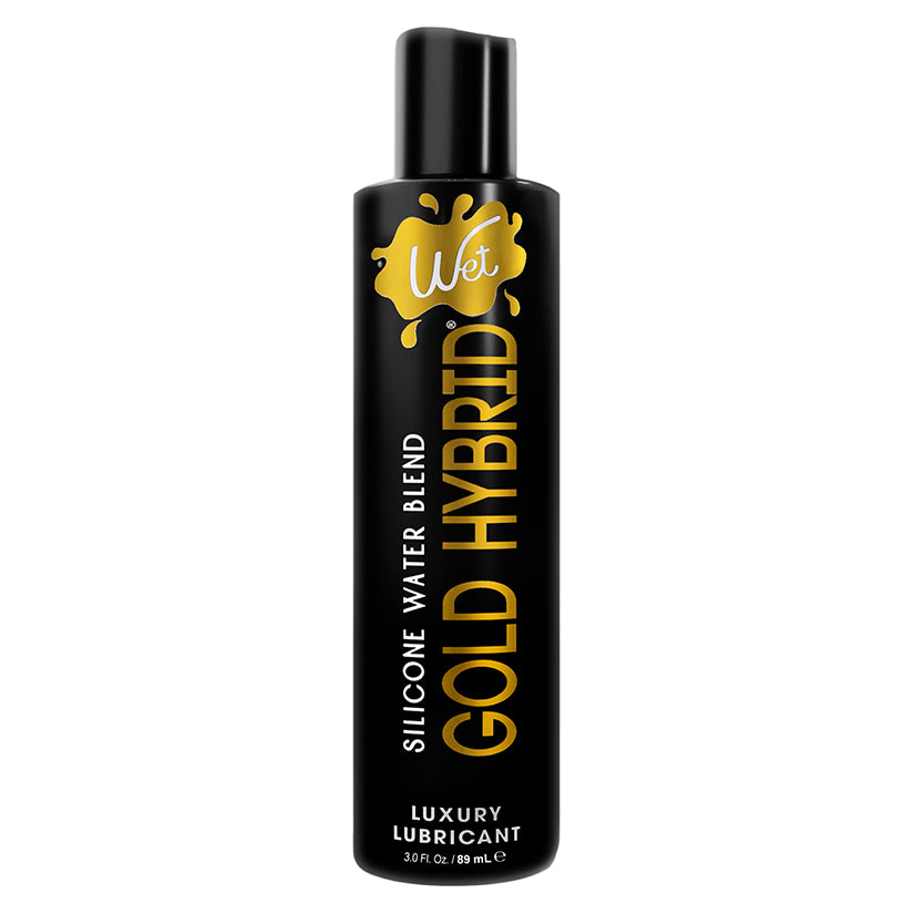 Wet Gold Silicone Water Blend Lubricant 3.1 Oz bottle featuring a sleek black design and yellow text.