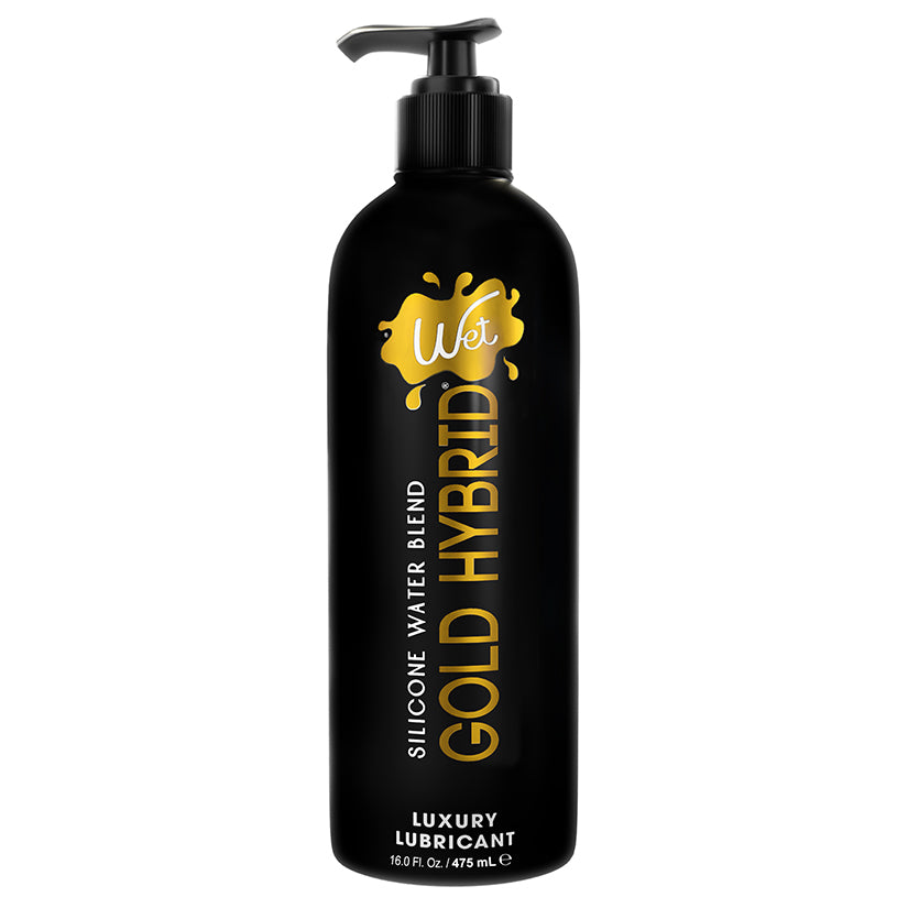 Wet Gold Silicone Water Blend Lubricant 16 Oz bottle displaying luxurious hybrid formula for enhanced intimacy.