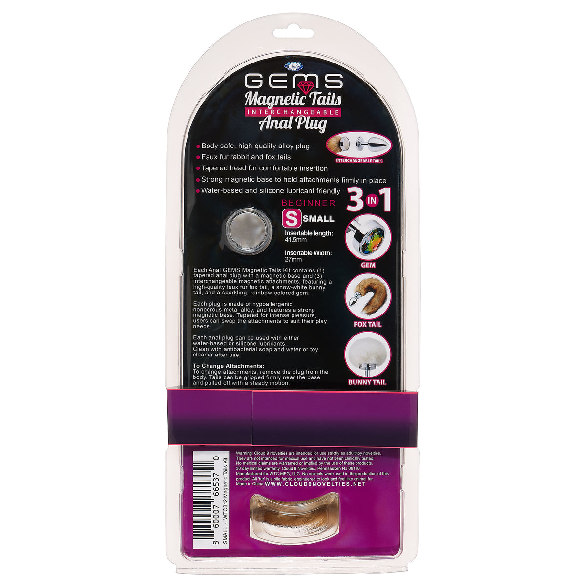 Cloud 9 Magnetic Tails Kit Small Anal Gems Butt Plug packaging showcasing interchangeable tails and features.