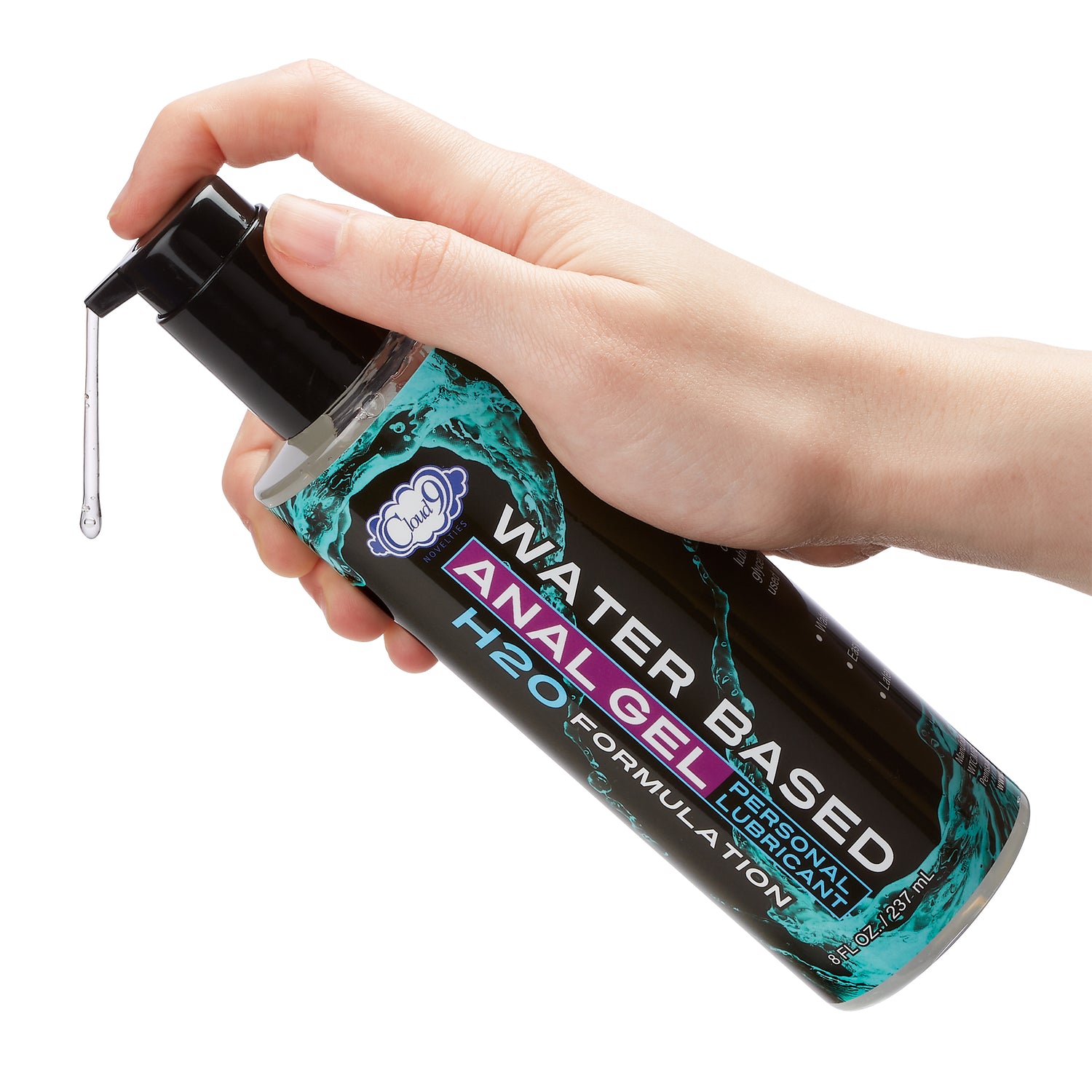 Cloud 9 H2o Anal Play Gel 8 Oz bottle with water-based formulation being dispensed for intimate use.