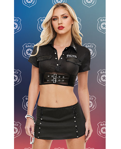 Dreams by Baci Badge of Desire 4 Piece Costume Set Black modeled by a woman in a cropped police uniform and skirt.