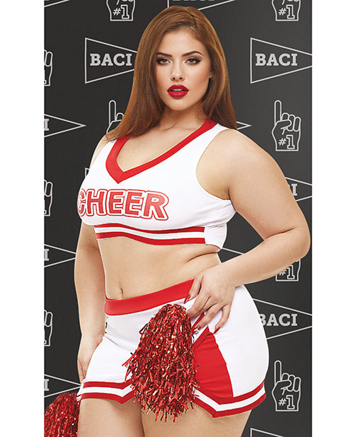 Dreams by Baci Gameday Hottie 4 Piece Lingerie Set Queen model wearing cheerleader outfit with pom-poms.