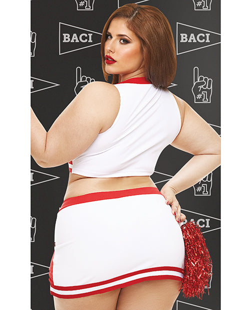 Dreams by Baci Gameday Hottie 4 Piece Lingerie Set Queen in sporty white and red, showcasing a playful cheerleader style.