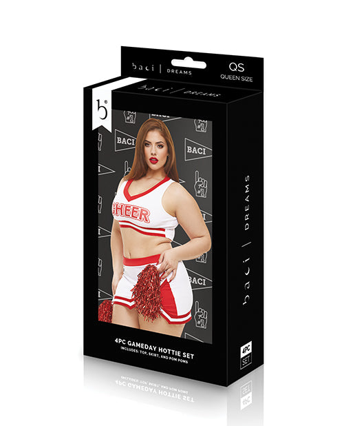 Dreams by Baci Gameday Hottie 4 Piece Lingerie Set Queen packaging featuring sporty crop top and cheerleader outfit.