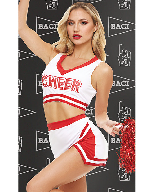 Dreams by Baci Gameday Hottie Cheerleader Set White and Red showcasing a sporty crop top and cheerleader skirt with bold CHEER lettering.
