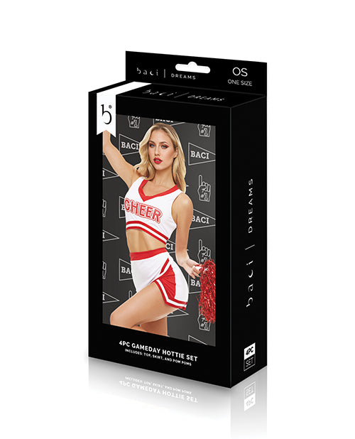 Dreams by Baci Gameday Hottie Cheerleader Set White and Red stylish packaging showcasing sporty cheer outfit.