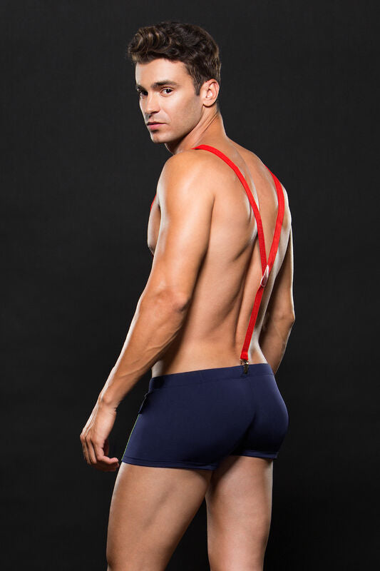 Envy Fireman Bottom with Suspenders 2 Piece Costume M/L worn by model from behind, showcasing playful design.