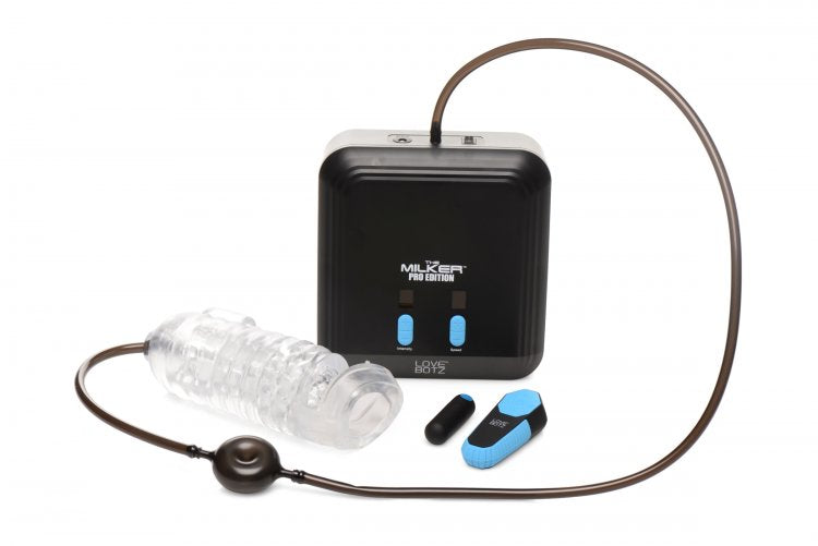 Lovebotz The Milker Pro Edition Automatic Stroker set featuring the stroker device and control unit.