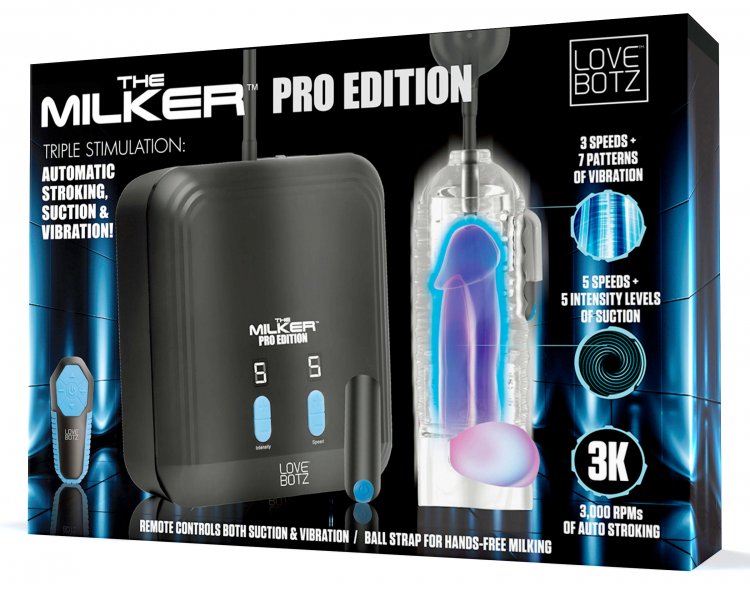 Lovebotz The Milker Pro Edition Automatic Stroker packaging showcasing features and controls for hands-free stimulation.