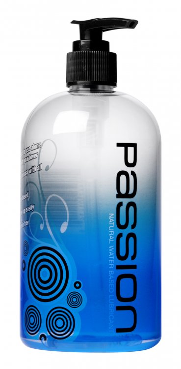 Passion Natural Water Based Lubricant 16 Oz in a stylish bottle with a pump lid, featuring blue and black design elements.