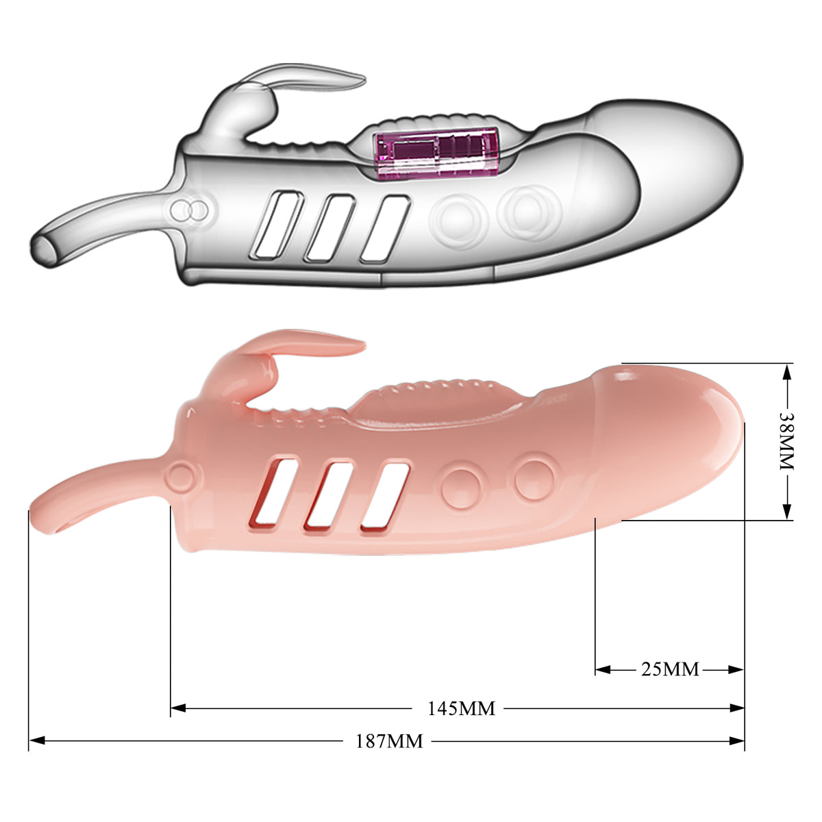Pretty Love Penis Sleeve Sloane Flesh model showcasing sizes and features of the rabbit-style vibrating sleeve.