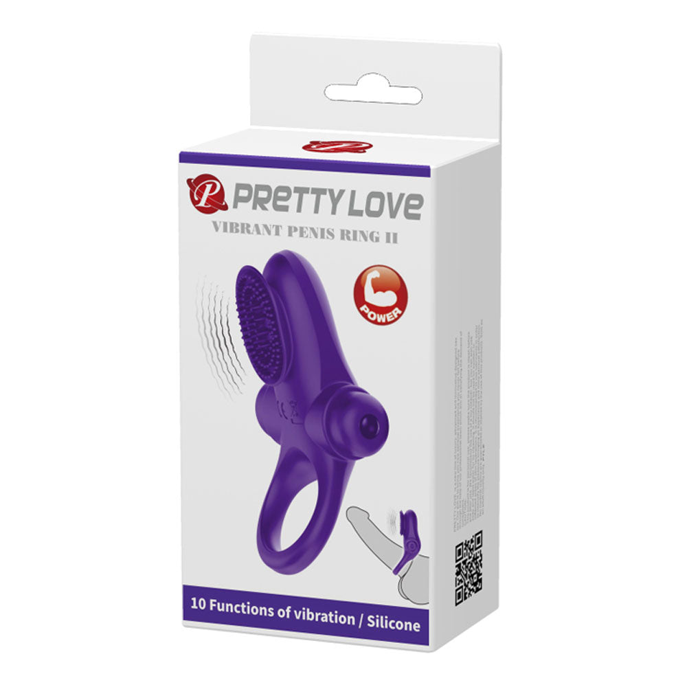 Pretty Love Vibrating Cock Ring II Purple packaging showcasing its 10 vibration functions and silicone design.